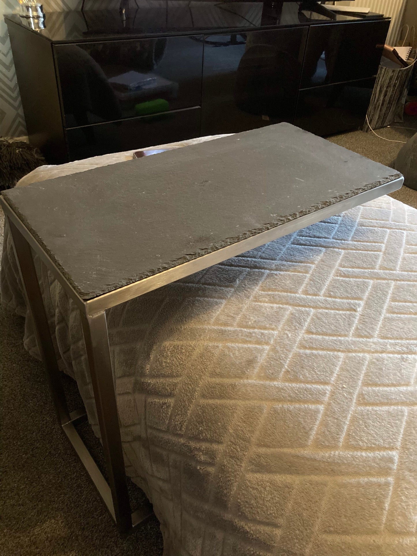 Slide Under Sofa table - Stainless Steel Frame - Slate Top - serving table - under sofa table - Indoor/Outdoor