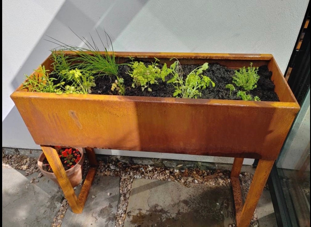 Weathered Steel Trough On Legs - Length 1m - Weathered Steel Planter - Flower Planter - Herb Planter - Planter Trough